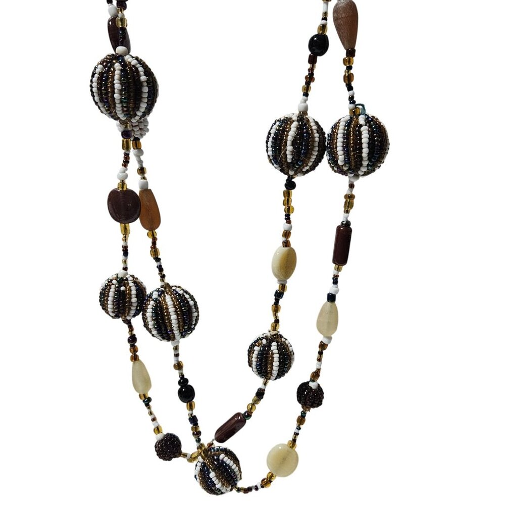 Handcrafted Boho Beaded Necklace Multicolor Striped Bead Balls Fashion Jewelry